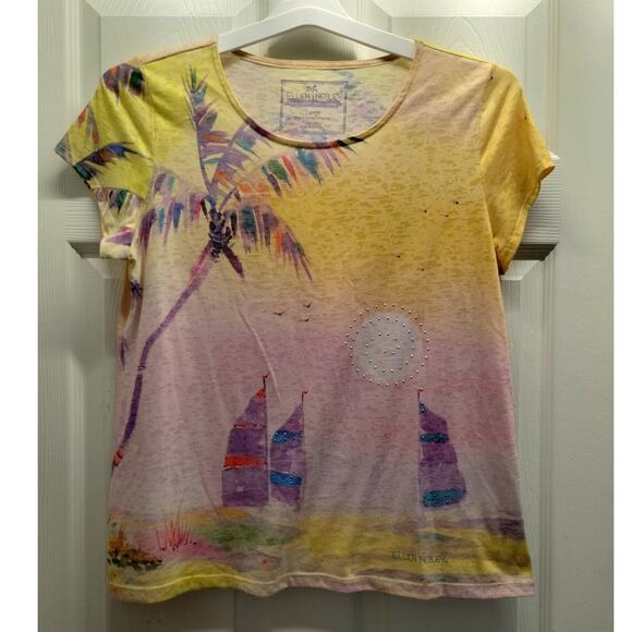 Ellen Negley Women's Size Large Art-To-Wear Tropical Beach Embellished T-Shirt - Picture 1 of 6
